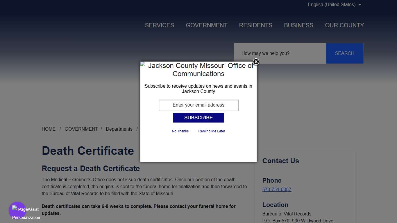 Death Certificate - Jackson County MO